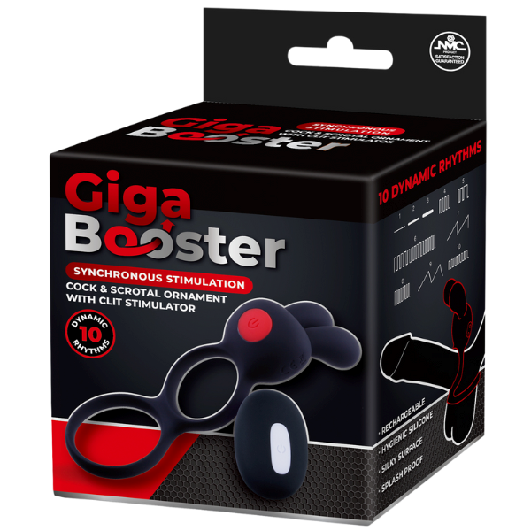 Giga Booster Cock & Scrotal Ornament With Clit Stimulator Black - - Vibrating Cock Rings