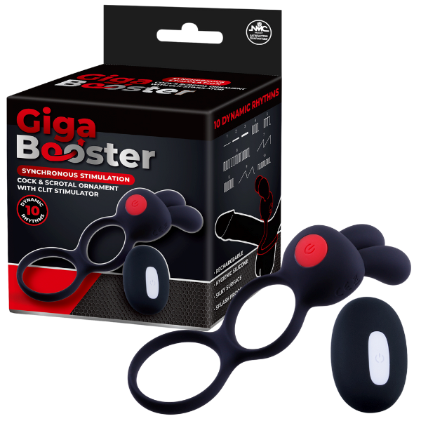 Giga Booster Cock & Scrotal Ornament With Clit Stimulator Black - - Vibrating Cock Rings