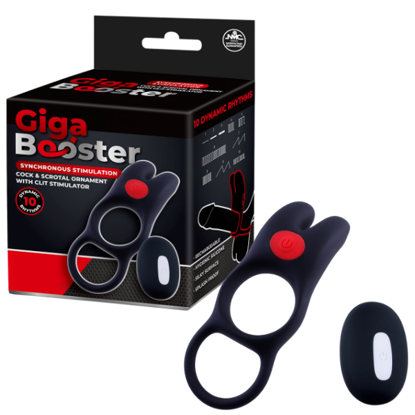 Giga Booster Vibrating Cock & Scrotal Ring With Clit Stimulator Black - - Vibrating Cock Rings