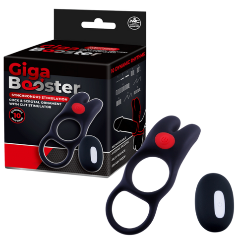 Giga Booster Vibrating Cock & Scrotal Ring With Clit Stimulator Black - Vibrating Cock Rings