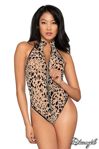 Dream Girl Lingerie Flocked Cheetah Print Mesh Teddy High Neck - Teddies and Bodysuits
