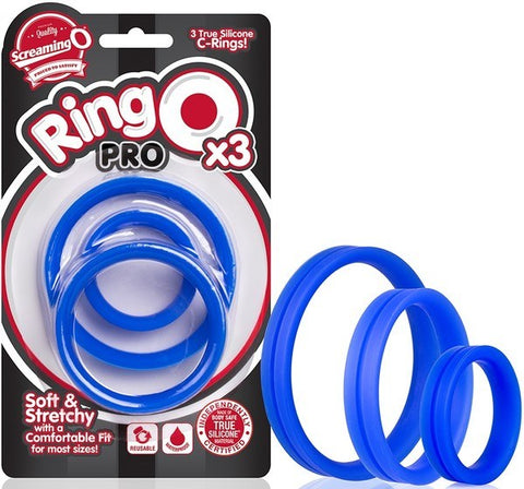 Screaming O RingO Pro X3 Silicone Cock Ring Set Blue Three Size Enhancement - Cock Ring Sets