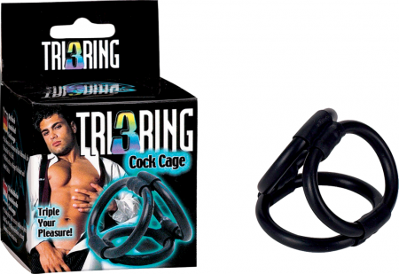 Seven Creations Male Tri Ring 3 Cock Cage Black with Vibrating Ring - Stretchy Cock Rings