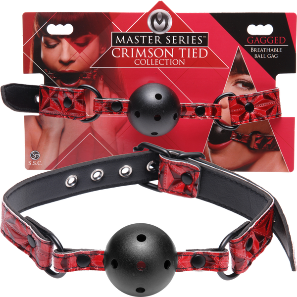 XR Brands Master Series Tied Breathable Fetish Play Ball Gag Crimson Restraint - - Bondage Gags and Bits