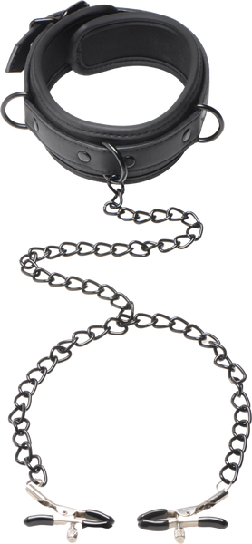 Master Series Collared Temptress Collar With Nipple Clamps - - Nipple and Clit Clamps