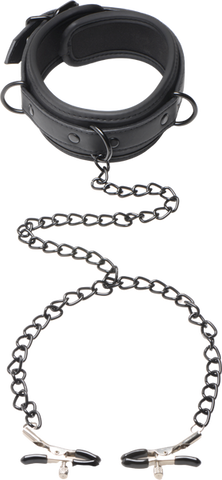Master Series Collared Temptress Collar With Nipple Clamps - Nipple and Clit Clamps
