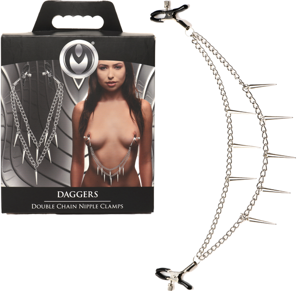 Master Series Daggers Double Chain Fetish Play Nipple Clamps - - Nipple and Clit Clamps