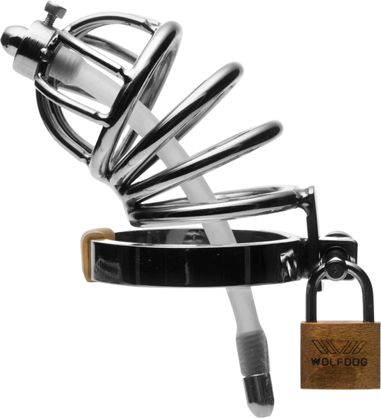 Master Series Stainless Steel Chastity Cage With Silicone Urethral Plug - - Male Chastity