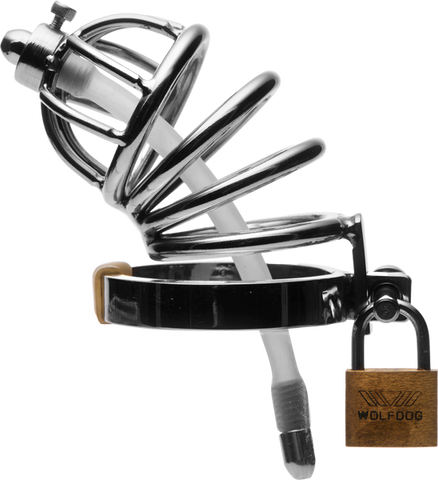 Master Series Stainless Steel Chastity Cage With Silicone Urethral Plug - Male Chastity
