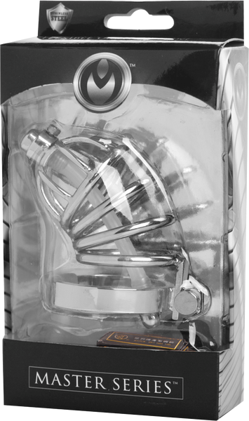 Master Series Stainless Steel Chastity Cage With Silicone Urethral Plug - - Male Chastity
