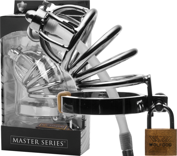 Master Series Stainless Steel Chastity Cage With Silicone Urethral Plug - - Male Chastity