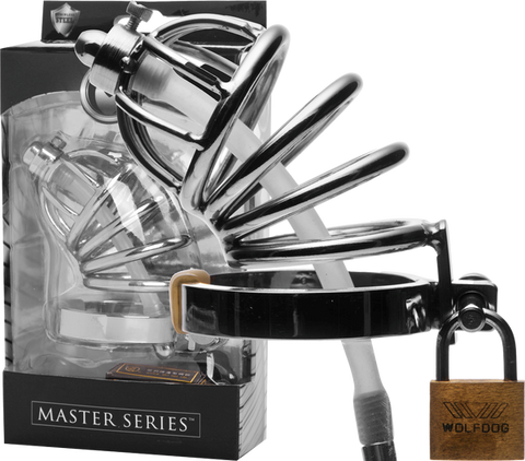Master Series Stainless Steel Chastity Cage With Silicone Urethral Plug - Male Chastity