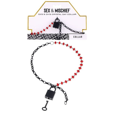Sportsheets S&M Exs & Ohs Crystal Day BDSM Collar Red Black with Lock Key - Collars and Leads