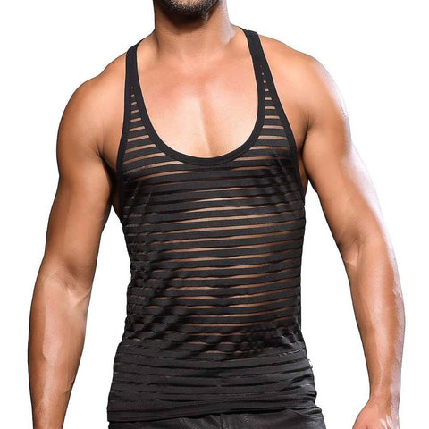 Andrew Christian Mens Mesh Stripe Tee Black Breathable Mesh Design - His Fetish