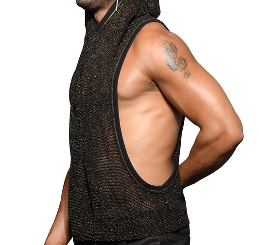 Andrew Christian Golden Mesh Mens Gym Hoodie Black Gold Athletic Performance - - His Fetish