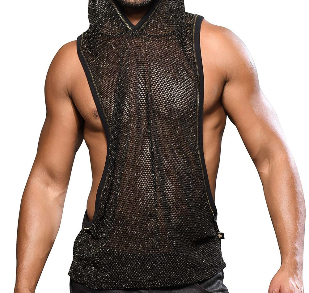 Andrew Christian Golden Mesh Mens Gym Hoodie Black Gold Athletic Performance - His Fetish