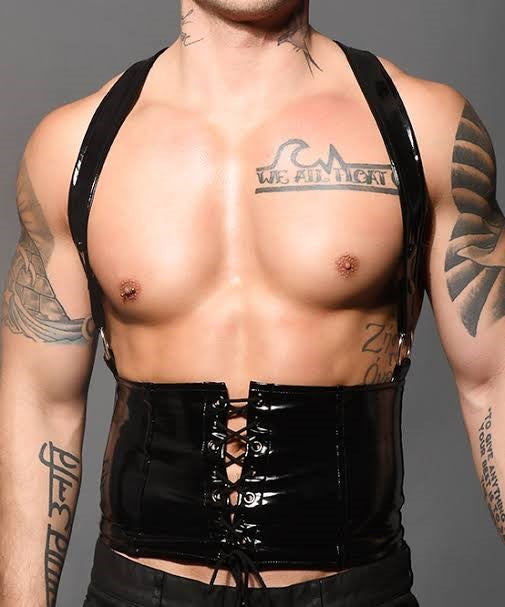Andrew Christian Mens Corset Harness Black with Adjustable Tie Up Design - - His Fetish