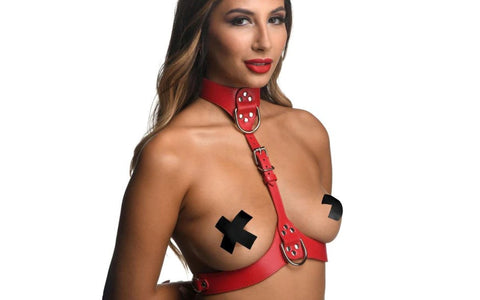 XR Brands Strict Vegan Leather Female Chest Harness Red BDSM Bondage - Cuffs And Restraints