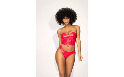 Mapale 2 in 1 Vinyl Bustier and Thong Set Red with Removable Sheer Skirt - Bustiers and Corsets