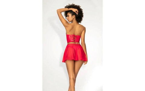 Mapale 2 in 1 Vinyl Bustier and Thong Set Red with Removable Sheer Skirt - Bustiers and Corsets