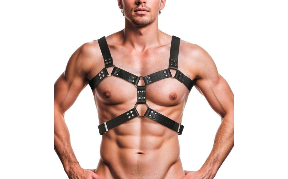 XR Brands Strict 6 O Ring BDSM Play Adjustable Chest Harness with Six Rings - - Cuffs And Restraints