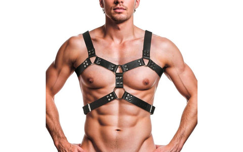 XR Brands Strict 6 O Ring BDSM Play Adjustable Chest Harness with Six Rings - Cuffs And Restraints