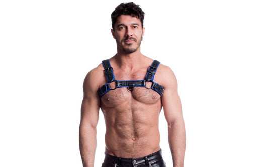 Sport Fucker Vegan Bulldog Bondage Harness Black and Blue with Dual D Rings - - Cuffs And Restraints
