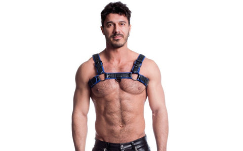 Sport Fucker Vegan Bulldog Bondage Harness Black and Blue with Dual D Rings - Cuffs And Restraints