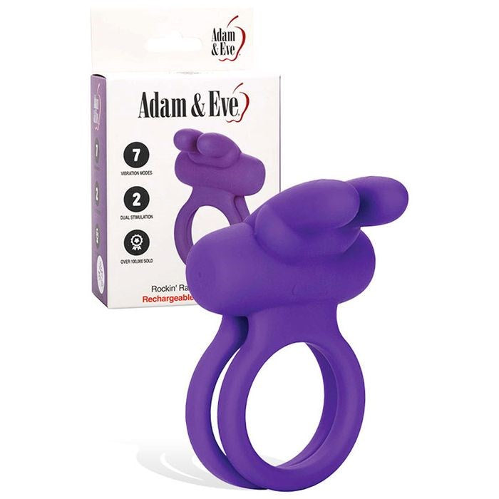 Adam & Eve Rockin Rabbit Vibrating Cock & Balls Ring Purple Dual Stimulation - - Vibrating Cock Rings