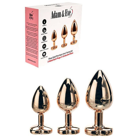 Adam & Eve Rose Gold Heart Shape Metal Butt Plug Set with Progressive Sizing - Butt Plugs