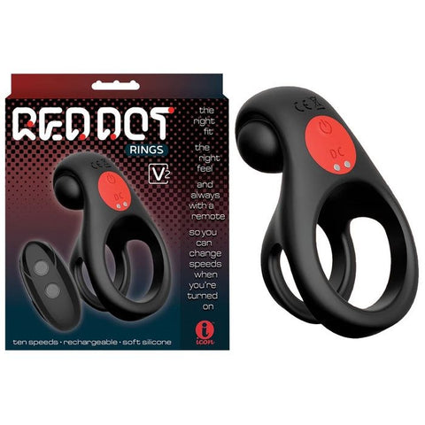 Icon Brands Red Dot V2 Vibrating Cock and Ball Ring Black Dual Loop Design - Vibrating Cock Rings