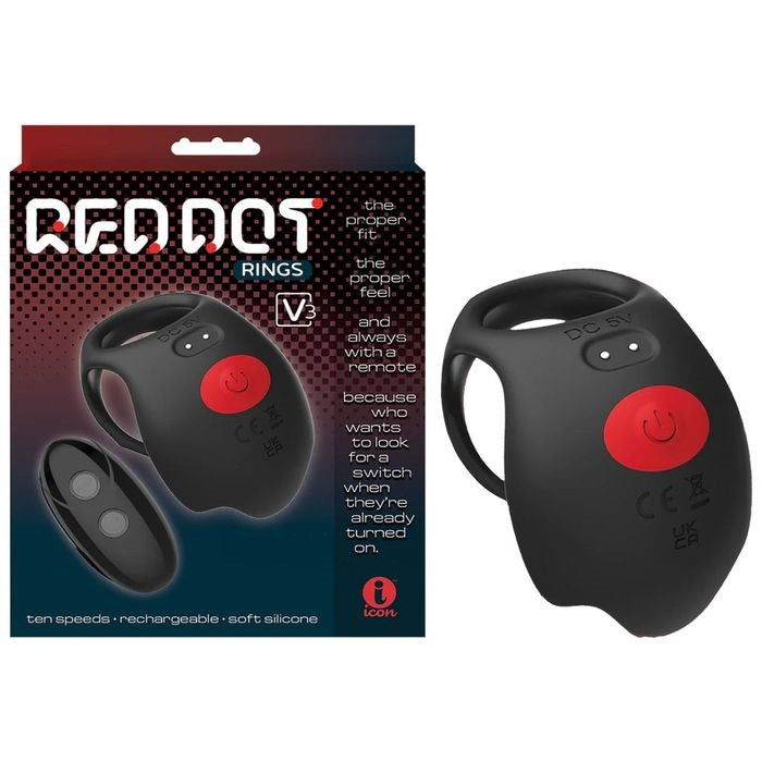 Icon Brands Red Dot V3 Rechargeable Cock and Ball Ring Black Dual Stimulation - - Vibrating Cock Rings