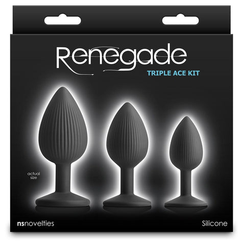 NS Novelties Renegade Triple Ace Textured Anal Plug Kit Black with Lube Channels - Butt Plugs