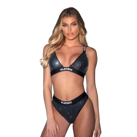 Playboy Lingerie Playboy Disco Fever 2 Piece Bra and Panty Set Black Rhinestone - - Bras and Bra Sets