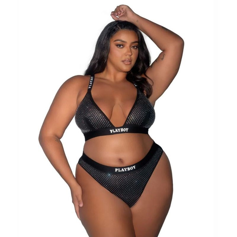 Playboy Lingerie Playboy Disco Fever 2 Piece Bra and Panty Set Black Rhinestone - - Bras and Bra Sets