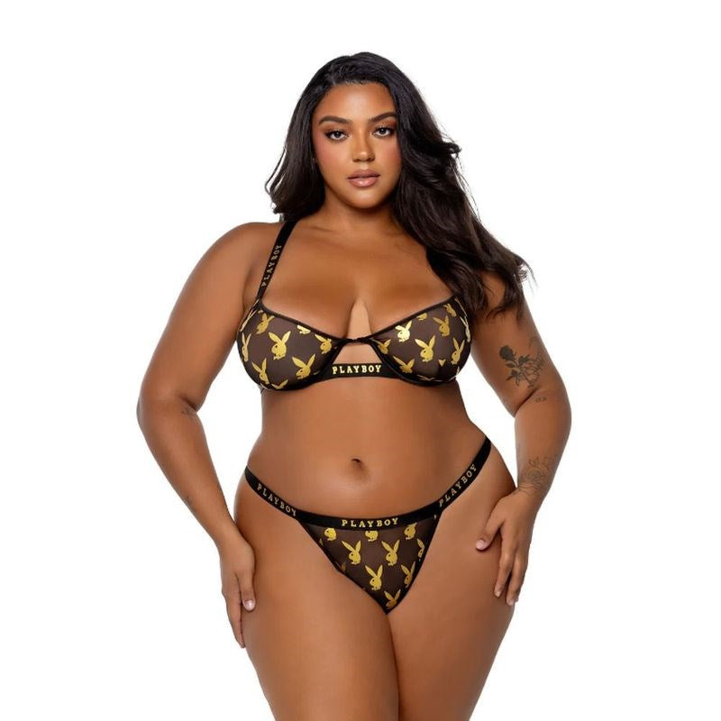 Playboy Lingerie Playboy Foiled Bunny 2 Piece Bra and Panty Set Gold/Black Luxury Lingerie - - Bras and Bra Sets