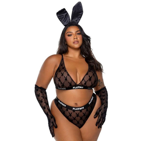 Playboy Lingerie Playboy Flocked Bunny 2 Piece Lingerie Set Black Triangle Bra - Bras and Bra Sets