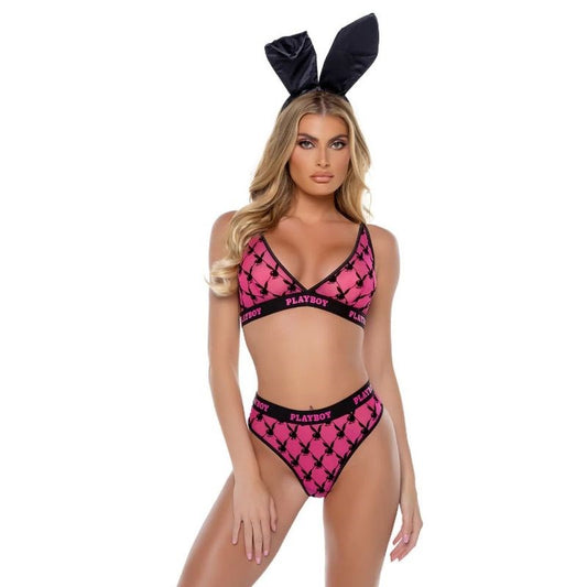 Playboy Lingerie Playboy Flocked Bunny 2 Piece Sexy Lingerie Set Pink Triangle Bra - - Bras and Bra Sets