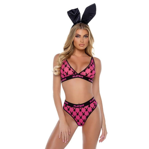 Playboy Lingerie Playboy Flocked Bunny 2 Piece Sexy Lingerie Set Pink Triangle Bra - Bras and Bra Sets