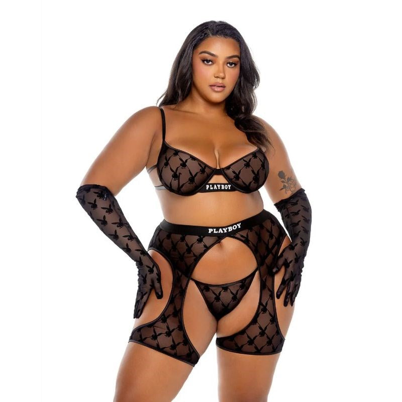 Playboy Lingerie Playboy Flocked Bunny Chaps 3 Piece Lingerie Set Black Chaps - - Bras and Bra Sets
