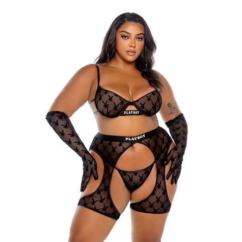 Playboy Lingerie Playboy Flocked Bunny Chaps 3 Piece Lingerie Set Black Chaps - Bras and Bra Sets