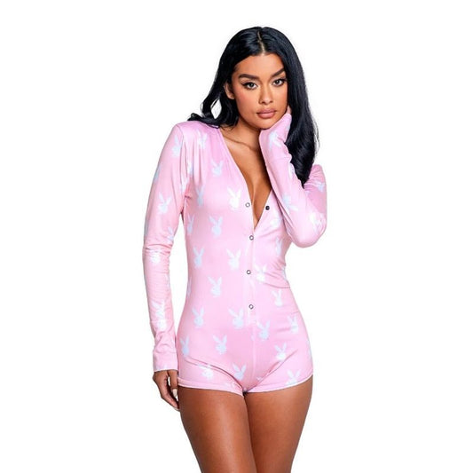 Playboy Lingerie Playboy Slumber Bunny Sexy Womens Romper Pink V Neck Snap - - Teddies and Bodysuits