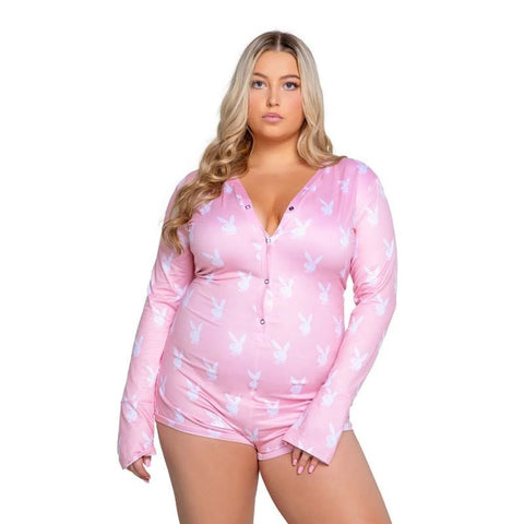 Playboy Lingerie Playboy Slumber Bunny Sexy Womens Romper Pink V Neck Snap - Teddies and Bodysuits