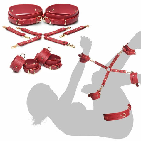 XR Brands Master Series Crimson Captive BDSM Play Restraints Complete Set - Cuffs And Restraints