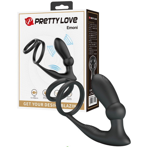 Pretty Love Emoni Vibrating Cock Ring With Butt Plug Black - - Vibrating Cock Rings