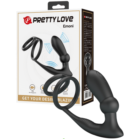 Pretty Love Emoni Vibrating Cock Ring With Butt Plug Black Dual Stimulation - Vibrating Cock Rings
