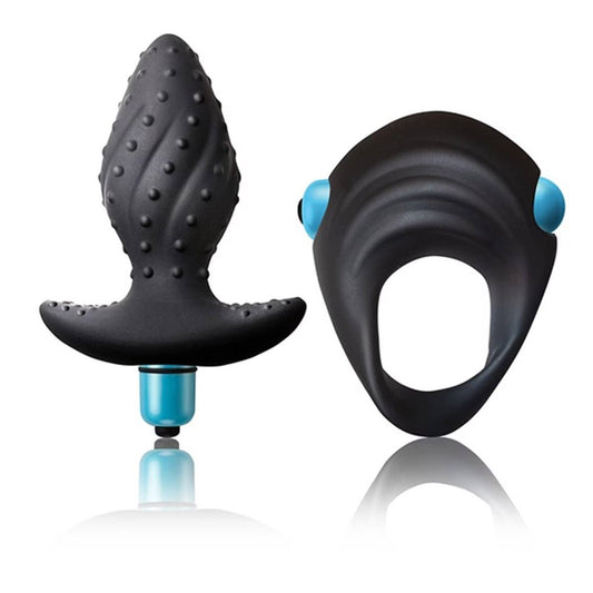 Rocks Off Ibex Butt Plug and Cock Ring Set Blue/Black Dual Vibration - - Sex Kits