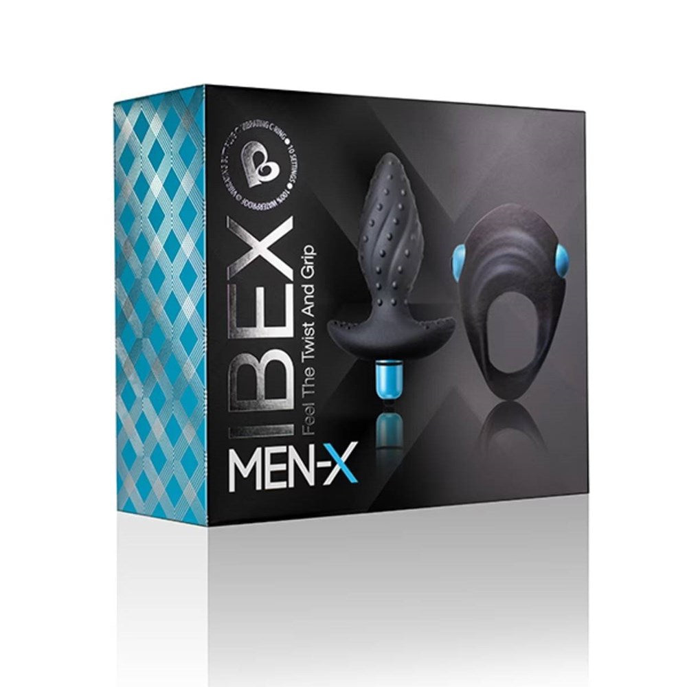 Rocks Off Ibex Butt Plug and Cock Ring Set Blue/Black Dual Vibration - Sex Kits