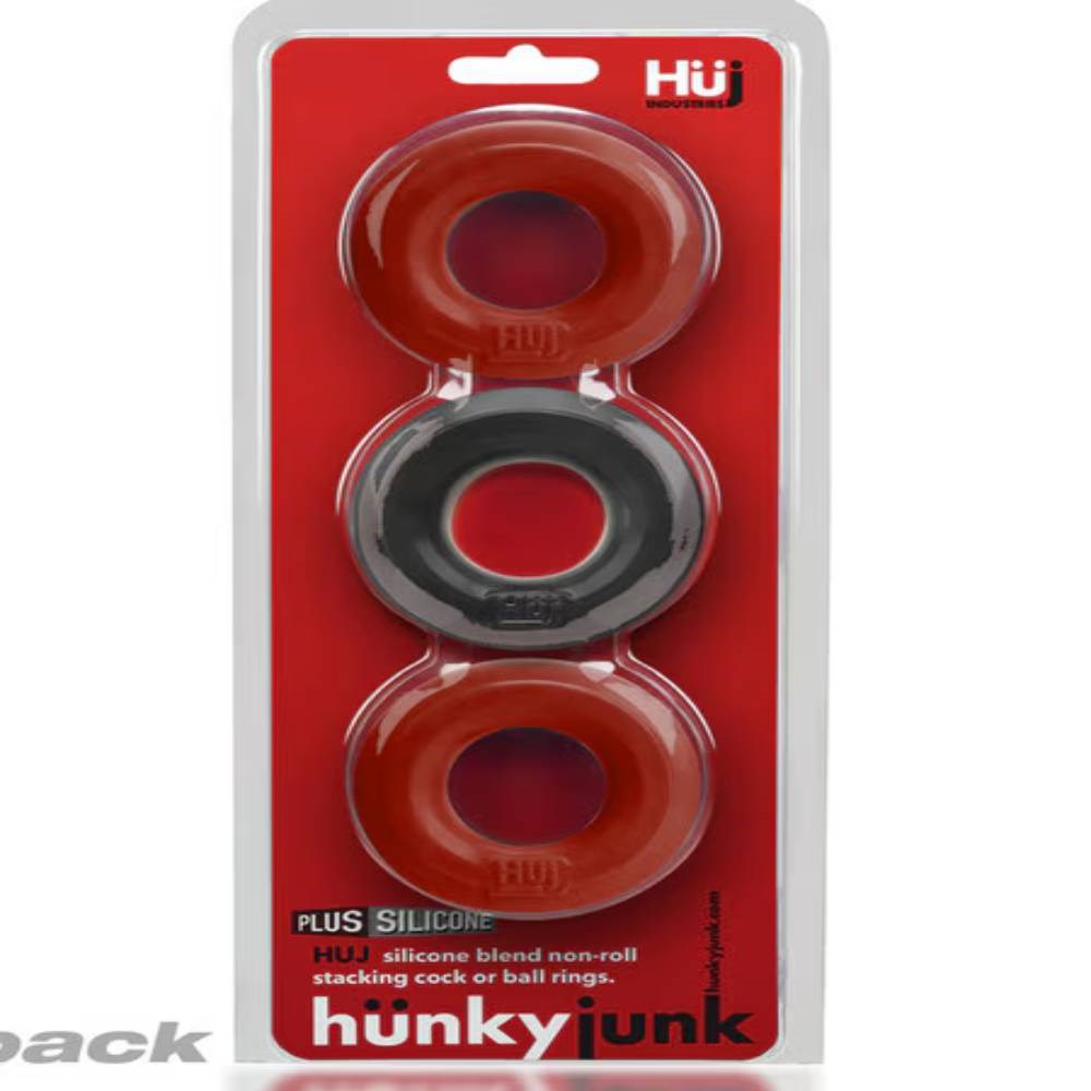 Hunkyjunk HUJ3 Stretchy Cock Ring 3 Pack Pink/Tar Premium PLUS Silicone - - Stretchy Cock Rings