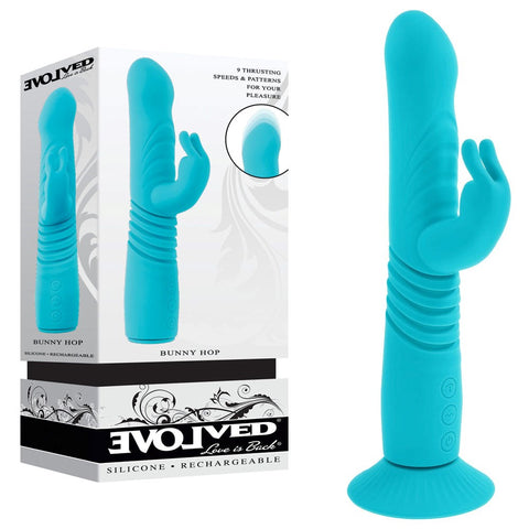 Evolved BUNNY HOP Thrusting Rabbit Vibrator Teal Dual Stimulation - Rabbit Vibrators
